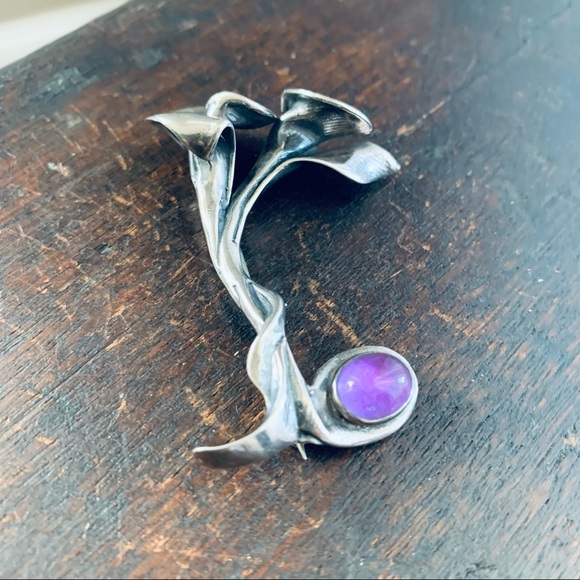 Vintage Sterling Silver Amethyst Calla Lily Floral Pin Brooch - Picture 12 of 13